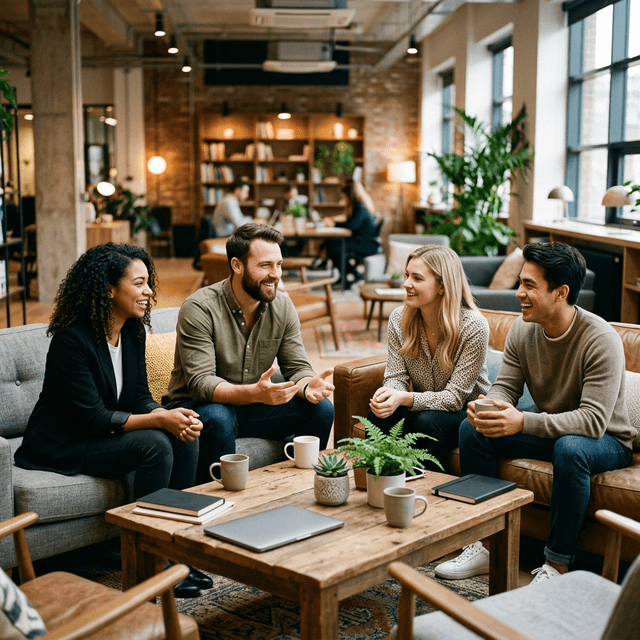 Professionals networking in a lounge area